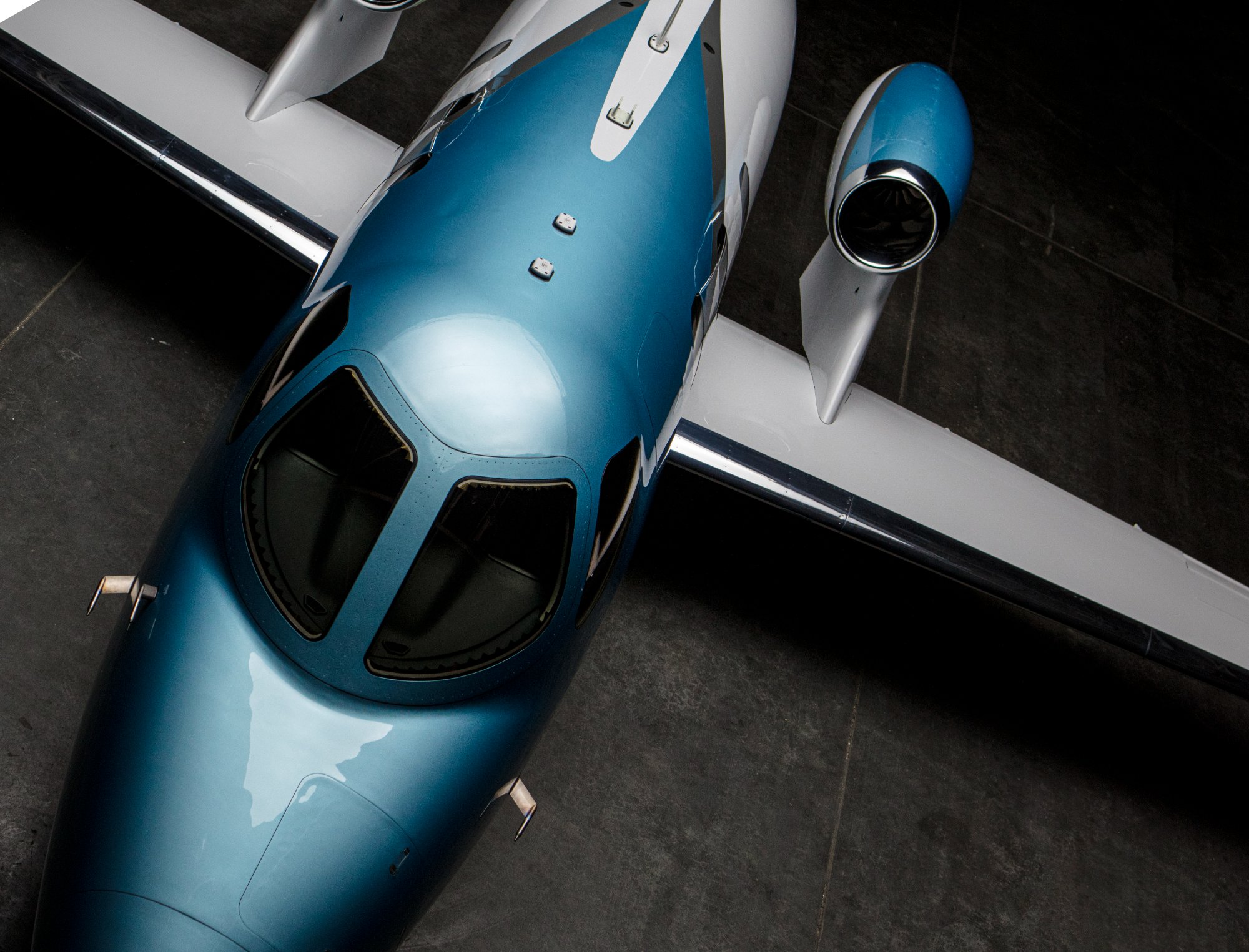 HondaJet overhead detail in dark hangar